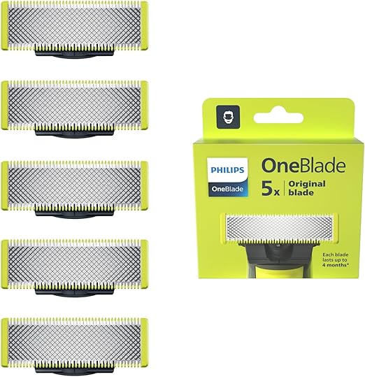 De authentieke Philips OneBlade vervangende mesjes voor OneBlade elektrisch scheerapparaat en trimmer, duurzaam roestvrij staal, trimmen, stylen en scheren, 5 stuks, model QP250/50